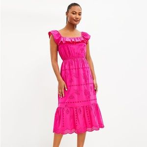 Loft Hot Pink Eyelet Ruffle Square Neck Midi Dress